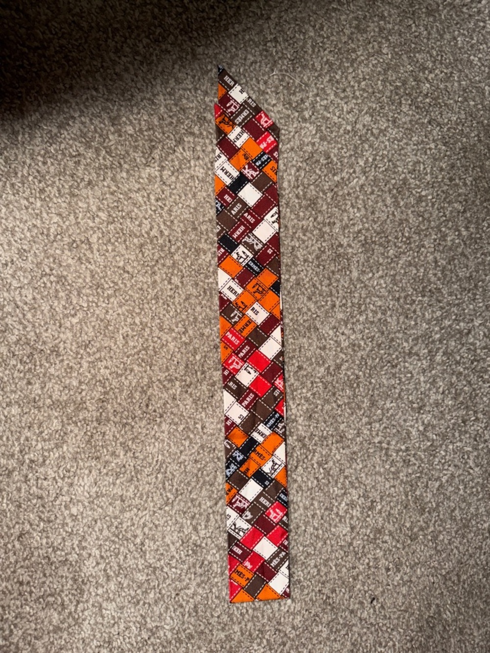 Hermes Slim Diamond-Print twilly Scarf in Red, Orange, Brown & White